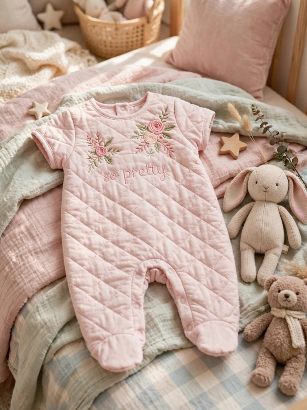Pink Quilted "So Pretty" Rose Baby Sleeper — 6-9M